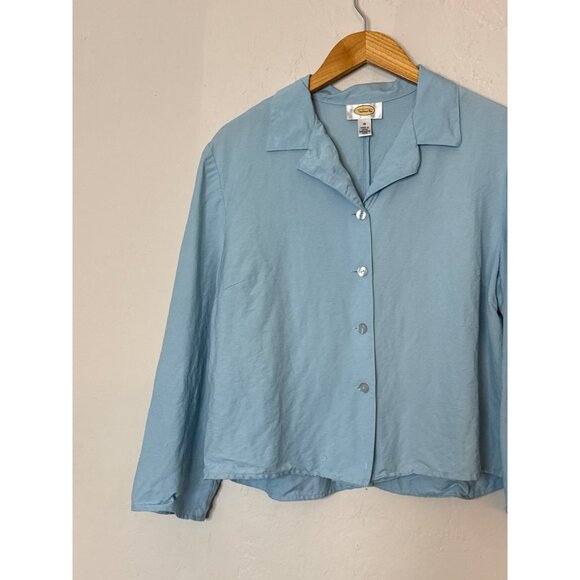 Talbots Linen Rayon Blend Boxy Button Front‎ Blouse Blue Open Back 16 Vintage - Picture 2 of 7